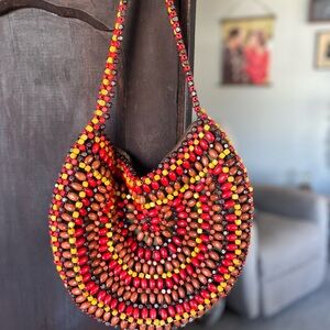 Artisan Beaded Shoulder Bag - Red, Yellow, Brown